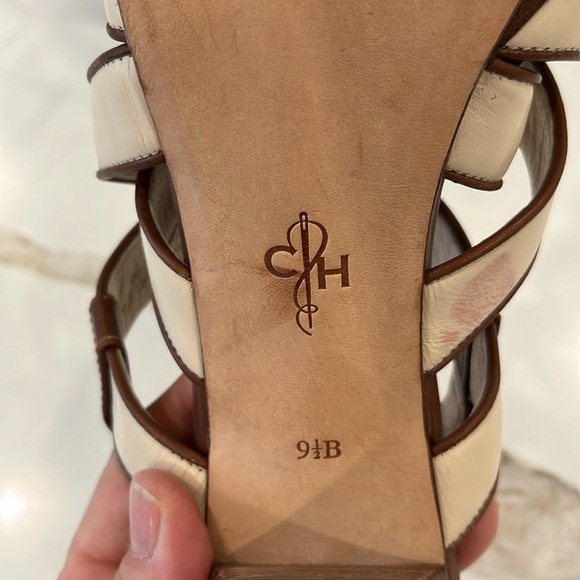 EUC Cole Haan woven leather slingback 4” stacked heel cream brown trim sandals - Picture 5 of 8